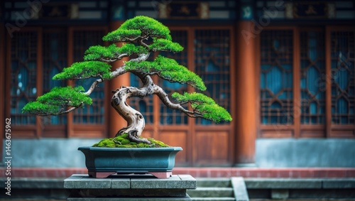 Bonsai tree on a stand highlighting horticulture, art, and cultural elements in front of a traditional structure photo