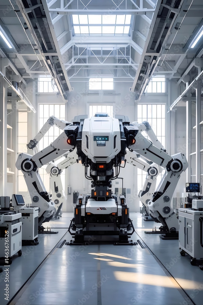 明るい白い産業背景の内部の白と黒の未来的なロボット機械 明るい白い産業背景の内部の白と黒の未来的なロボット機械