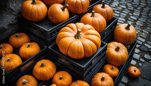 Colorful seasonal display of ripe pumpkins photo