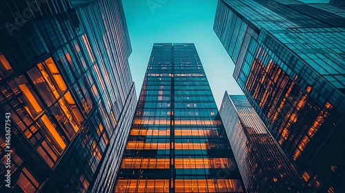 Wallpaper Mural A tranquil office park at dusk, featuring a cluster of modern buildings with glowing windows and smooth glass facades, reflecting the last light of day  Torontodigital.ca