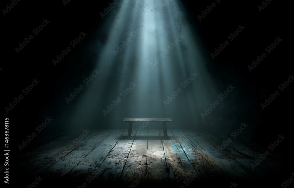 Obraz premium Mysterious Empty Room with Wooden Bench and Spotlight