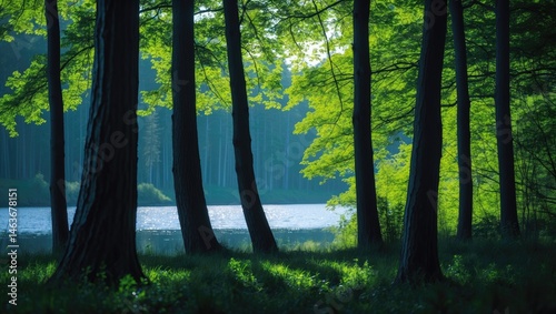 Wallpaper Mural Tranquil waterbody featuring contrasting shaded trees with lush green foliage and pine needles Torontodigital.ca
