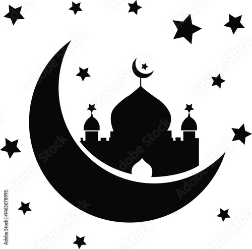 Celestial Mosque Silhouette: A serene silhouette of a mosque, nestled within a crescent moon and surrounded by stars, creates a sense of peace, evoking the beauty of a cultural and religious symbol.