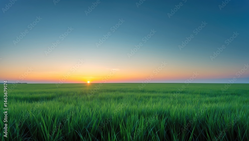 Fototapeta premium Panoramic scene of a green meadow with a natural backdrop