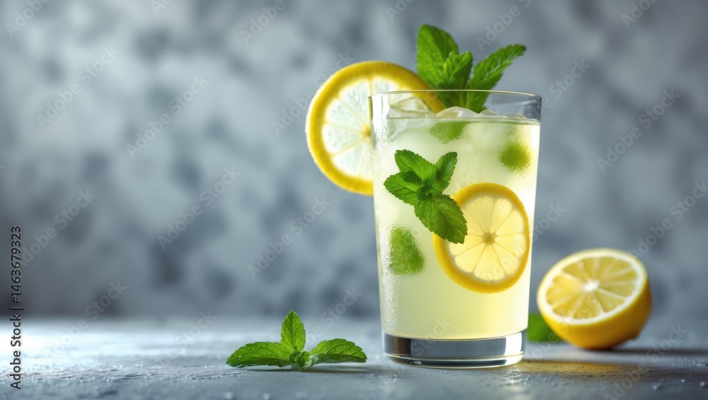 Fototapeta premium Refreshing iced tea with lemon, mint, and ice served on a summer table