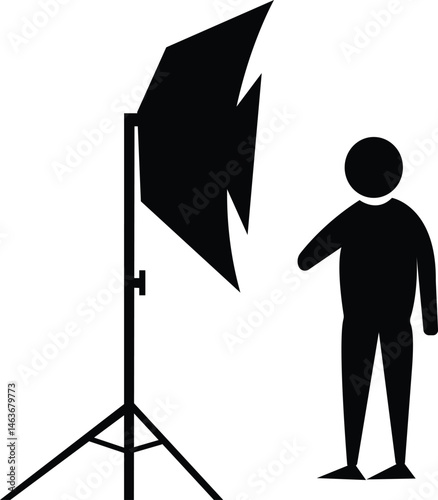 Silhouette Scene: A stark black-and-white illustration depicts a simplified person posing before a softbox and lighting equipment, capturing the essence of studio photography in graphic simplicity.