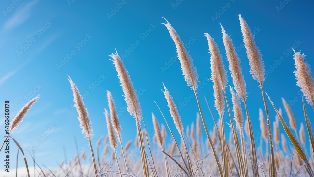 Fototapeta premium Delicate blades of frost-coated grass move softly under a clear blue sky, reflecting the serenity of a fresh, crisp day in nature
