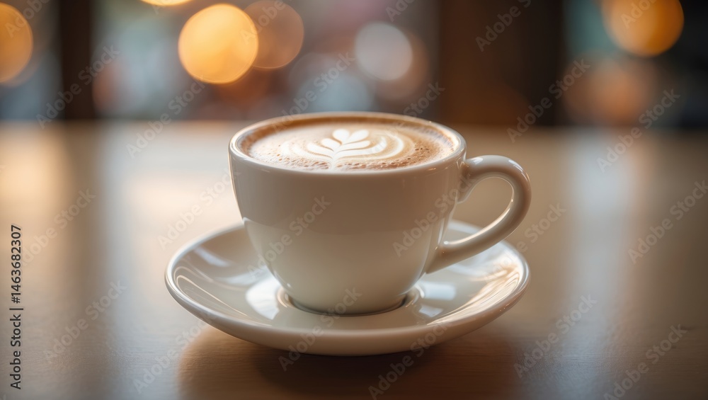 Fototapeta premium Delicious cappuccino in a ceramic mug on a breakfast table with soft lighting