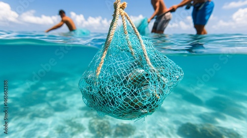 Fishermen Catching Marine Life in Coral Reef Ecosystem