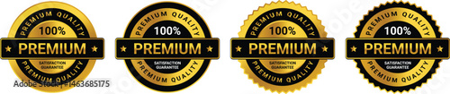 set of four round golden premium quality badges with 100 percent text, used for certification, trust, and branding labels	