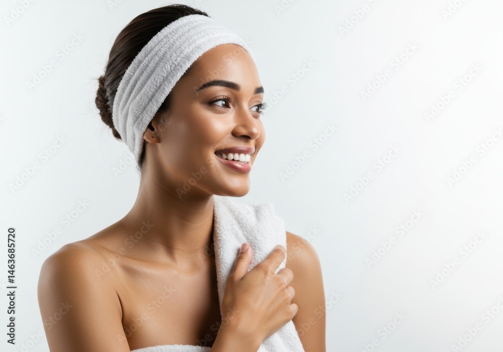 Woman with headband and towel smiling against isolated on white background Woman with headband and towel smiling against isolated on white background