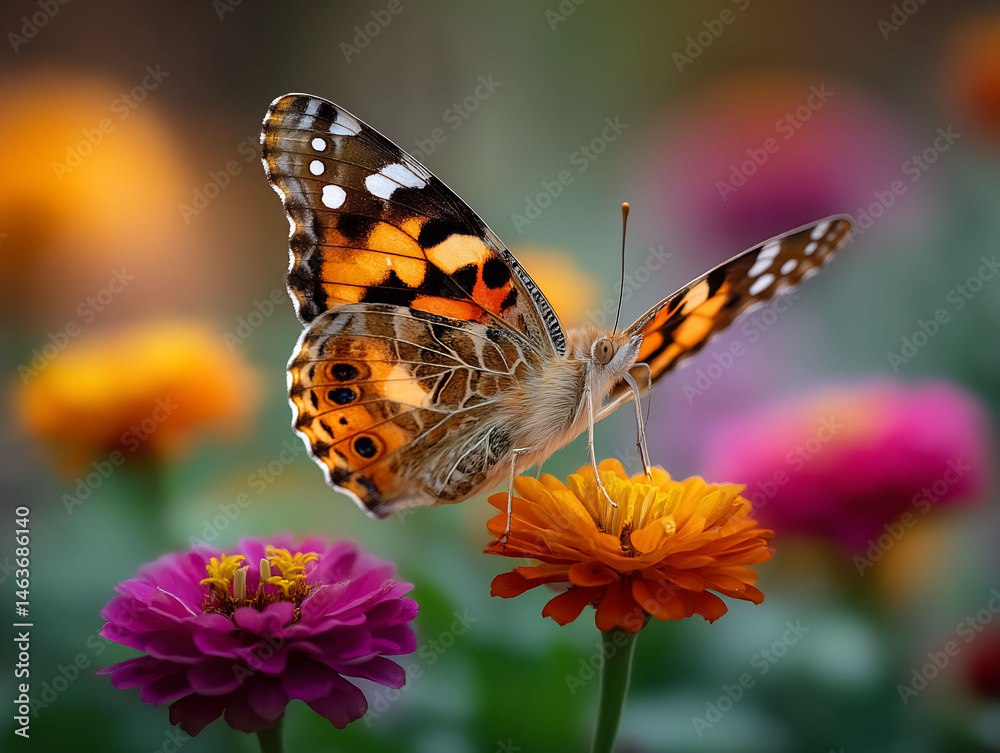 Obraz premium Colorful butterfly perched on a vibrant orange flower, surrounded by others in bloom