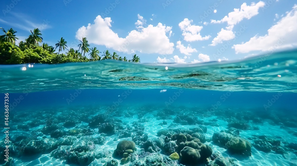 Vibrant Coral Reef Under Crystal Clear Water with Tropical Background