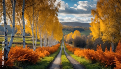 A picturesque route passing through the peaceful countryside with vibrant fall colours of silver birch trees. photo