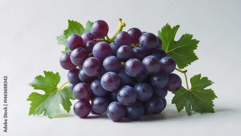 Fototapeta premium Juicy grapes with green leaves against a white backdrop