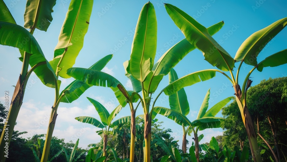 Obraz premium Bright green banana trees under a blue sky, reflecting the beauty of tropical nature and lush landscapes