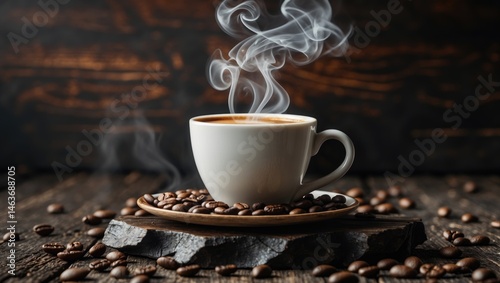 Smoky coffee mug placed on vintage wooden dish with beans