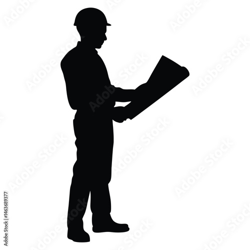 Construction Worker Reviewing Blueprint Plans a Silhouette Illustration