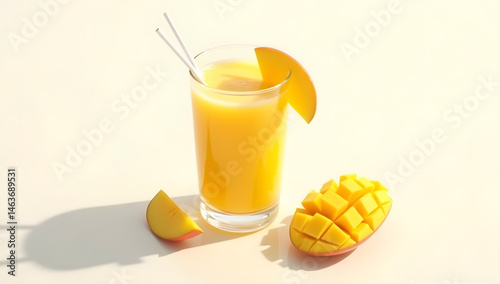 a highly detailed and photorealistic surreal cinematic photograph of a refreshing mango smoothie in a crystal clear glass, adorned with succulent mango slices, isolated against a pristine clean white 