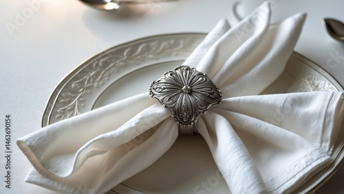 Table arrangement featuring a napkin and ring