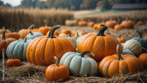 Abundant Pumpkin Harvest Featuring Various Sizes and Colors in a Farm Setting for Halloween and Thanksgiving