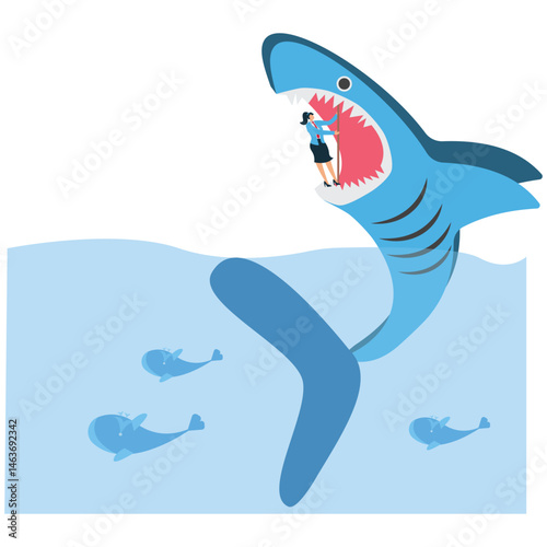 Businesswomen caught in a crisis or risk, survival issues, businessmen struggling to resist sharks closing their mouths