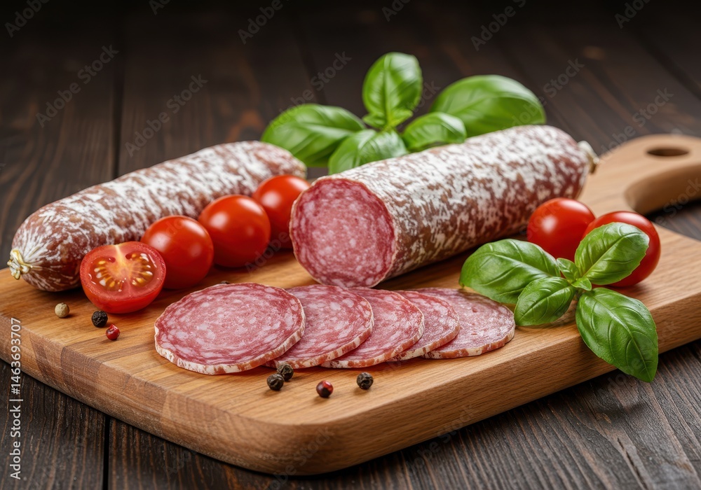 Salami with tomatoes and basil on a wooden board, ready for serving Salami with tomatoes and basil on a wooden board, ready for serving