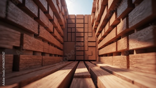 Arranged Brick Blocks or Bricks with Sunlight Reflection, Creating a Modern Architecture Exterior Image with Rich Texture