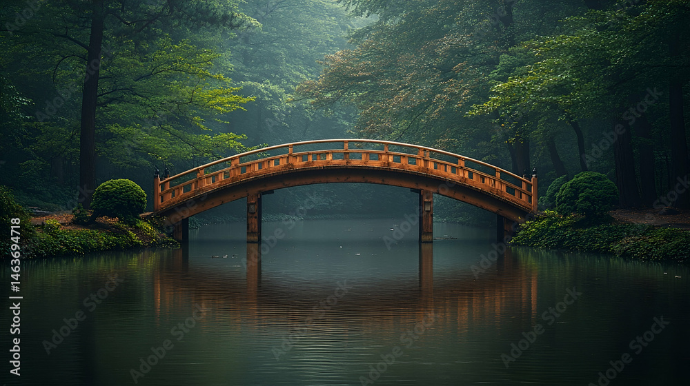 Wooden Arch Bridge Reflecting in Calm Water of a Misty Forest Lake Wooden Arch Bridge Reflecting in Calm Water of a Misty Forest Lake