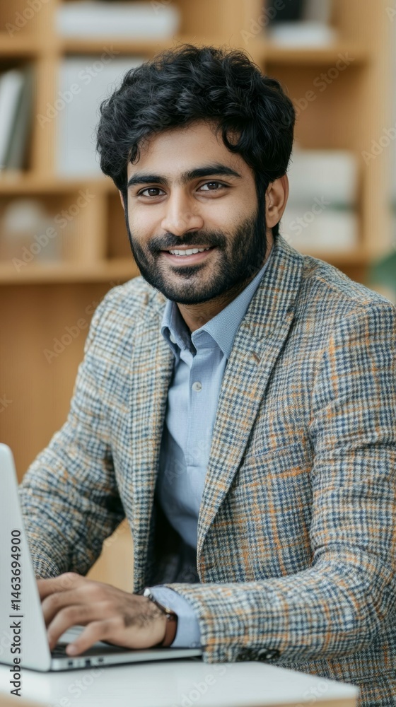 Smiling Businessman Working on Laptop