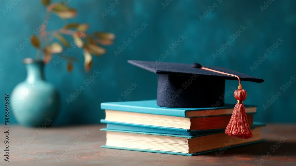 Graduation Cap on Books Educational Background