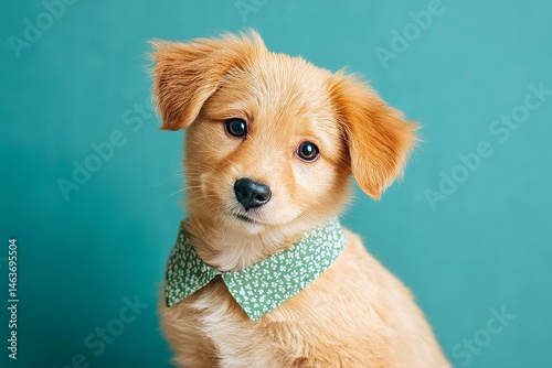 Obraz na płótnie Cute Puppy Portrait Against Teal Background w salonie