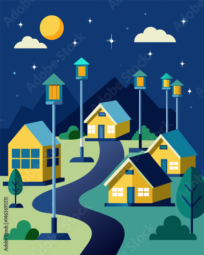 An offthegrid community relying solely on the power of the sun with solarpowered streetlights guiding the way for residents at night.. Vector illustration