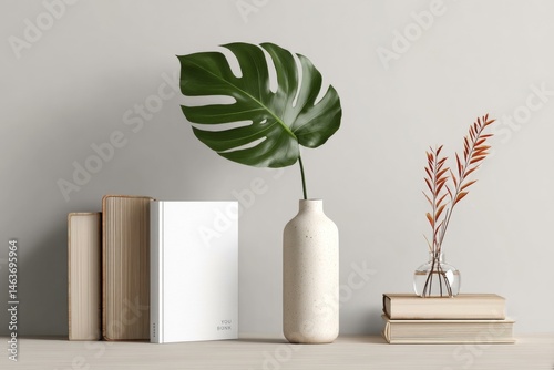 Minimalist Home Decor Mockup with Books and Plants