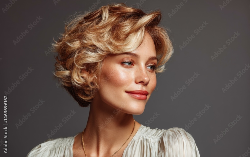 Elegant Woman with Stylish Short Curly Hair