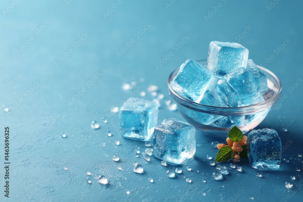 Blue Ice Cubes in a Glass Bowl