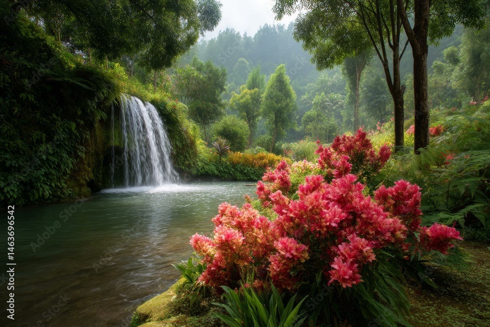 Peaceful Waterfall in a Lush Tropical Garden
