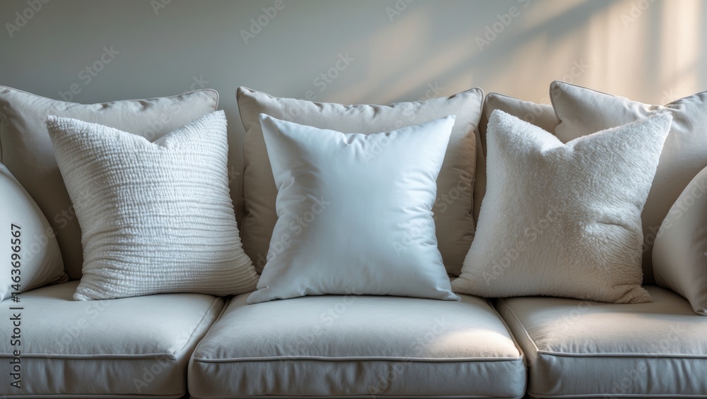 Fototapeta premium Elegant Ivory Pillow Display on Plush Sofa Mockup