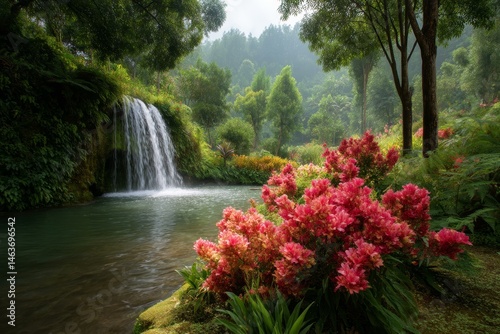 Obraz na płótnie Peaceful Waterfall in a Lush Tropical Garden w salonie
