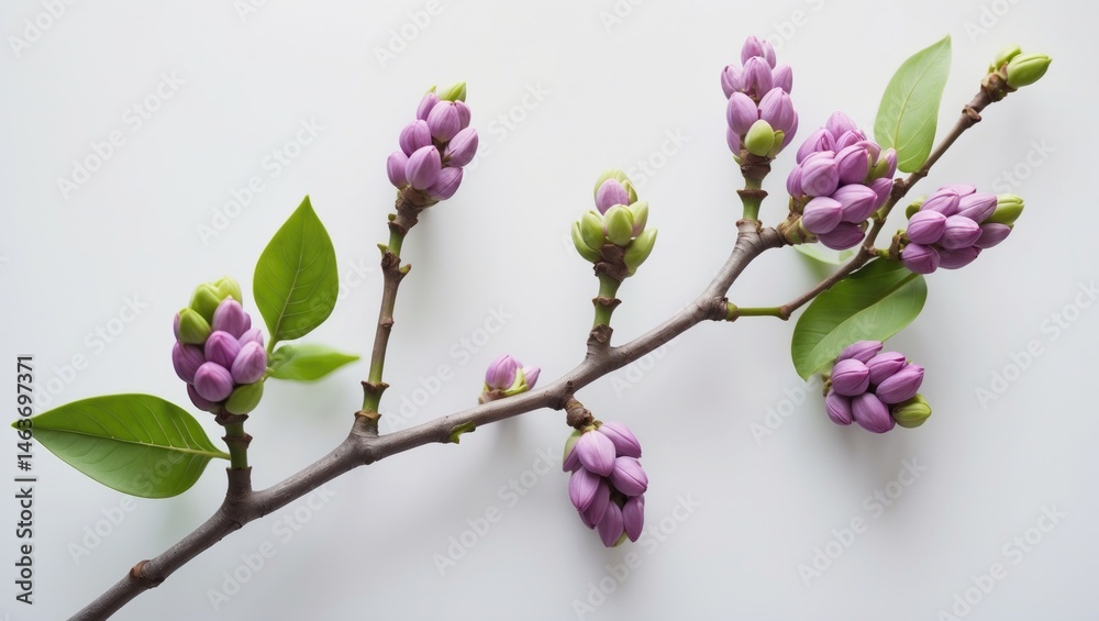 Lilac buds with green leaves blooming on a white backdrop Lilac buds with green leaves blooming on a white backdrop