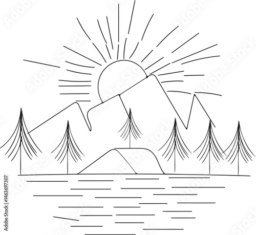 Simple Line Art Illustration of a Mountain Lake Scene with Sun and Trees