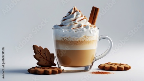 Fototapeta Naklejka Na Ścianę i Meble -  Warm pumpkin spice latte topped with whipped cream, cookies, and cinnamon stick isolated on white