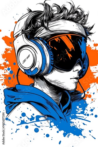 Stylish teen with headphones and goggles