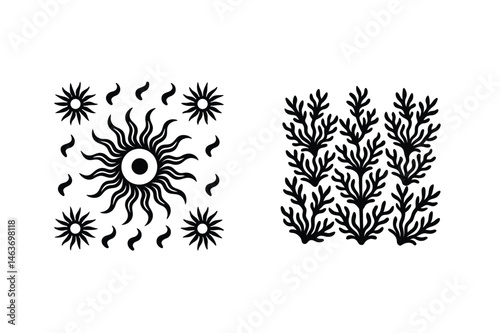 Vector illustration of a sun and sea-plant design elements in a minimalist black style