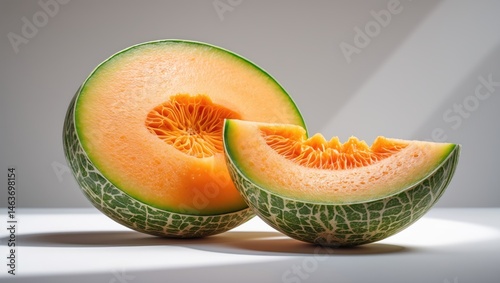 White background with clipping path of stacked Japanese melon, honey dew or cantaloupe close-up