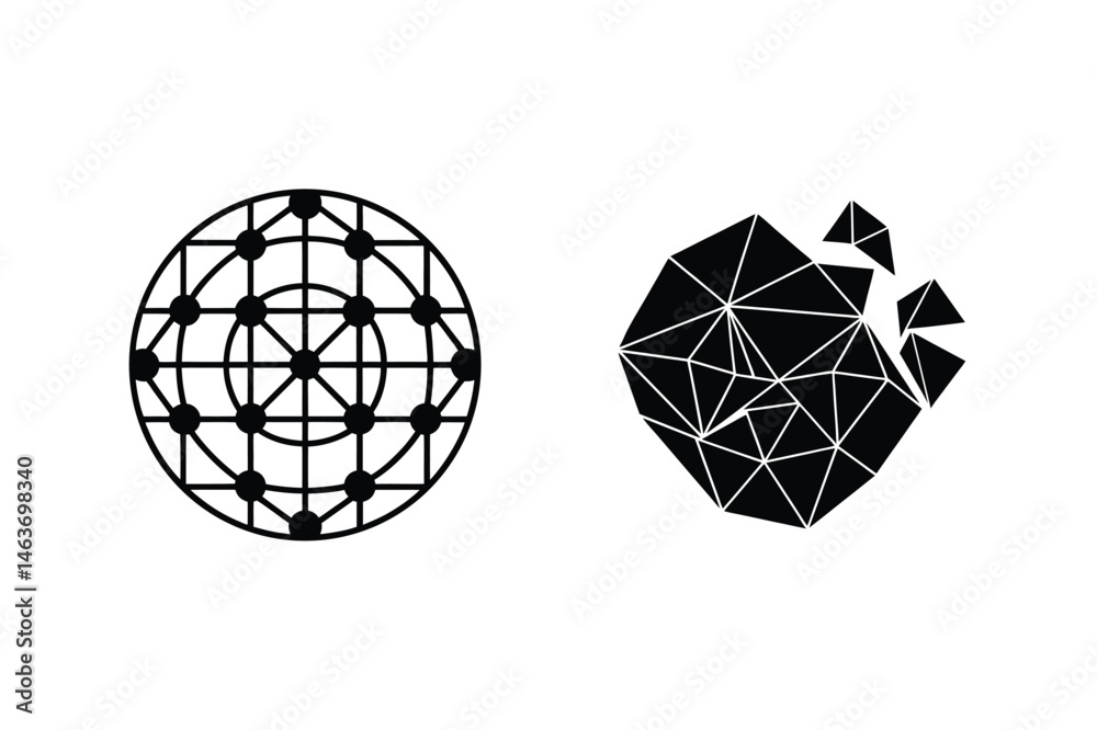 Abstract geometric designs featuring a spherical network and a polygonal structure.