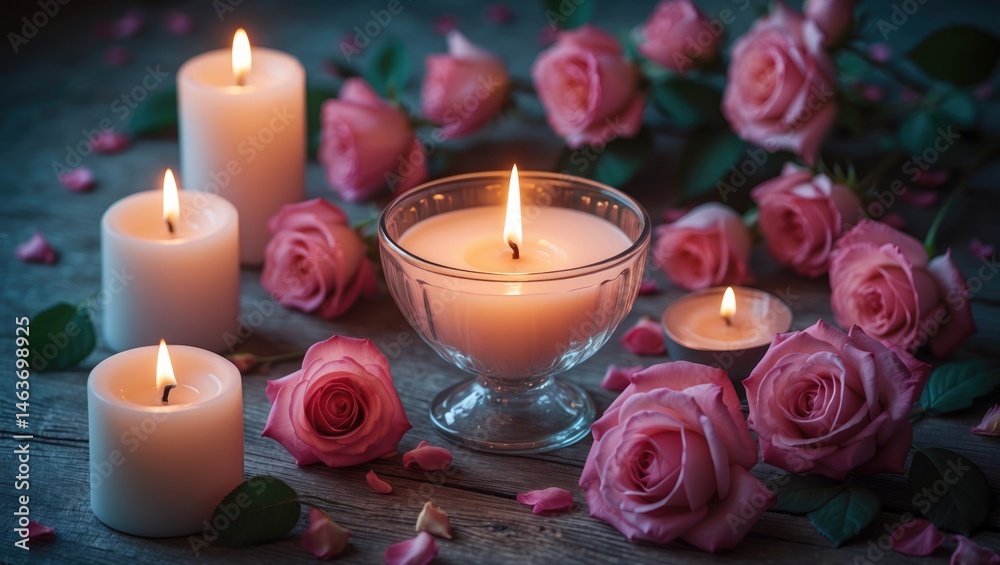 Decorative flat arrangement featuring burning candles and roses for a cozy ambiance Decorative flat arrangement featuring burning candles and roses for a cozy ambiance