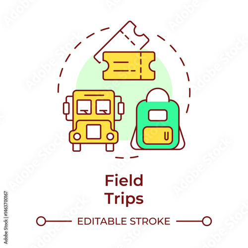 Field trips multi color concept icon. School bus. Service fee, tickets. Excursion, museum. Round shape line illustration. Abstract idea. Graphic design. Easy to use in article, infographic