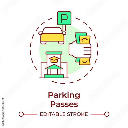 Parking passes multi color concept icon. Expenses, cost. University, college. Urban, traffic. Round shape line illustration. Abstract idea. Graphic design. Easy to use in article, infographic