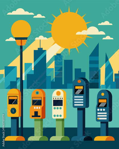 In the midst of a busy downtown area the solarpowered meters stood out with their unique design and dependence on the sun for power.. Vector illustration